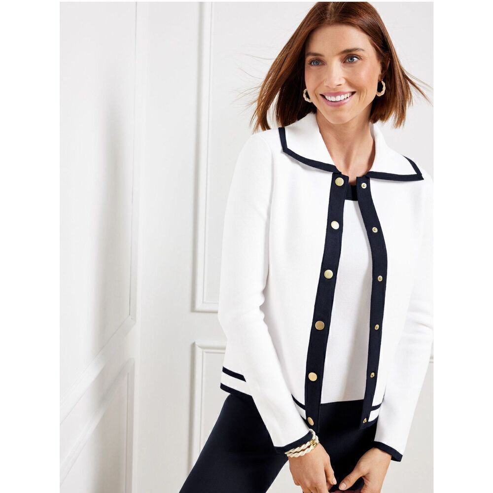 Talbots Tipped Sailor Stripe Button Snap Down Knit Cardigan Nautical 3XP